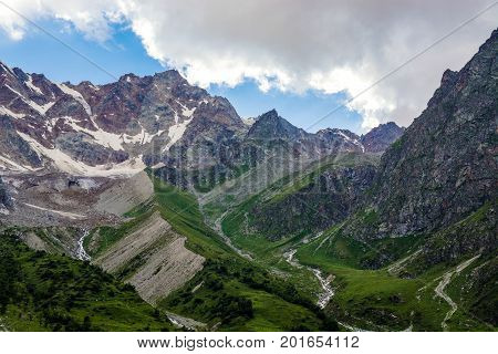 Amazing nature view of green mountain forest and tree growing on a rock, natural landscape perspective, Caucasus, Russia.