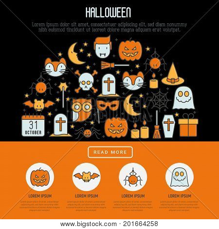 Cartoon Halloween concept in half circle with thin line icons: vampire, bat, pumpkin. Vector illustration for invitation card, party announcement.