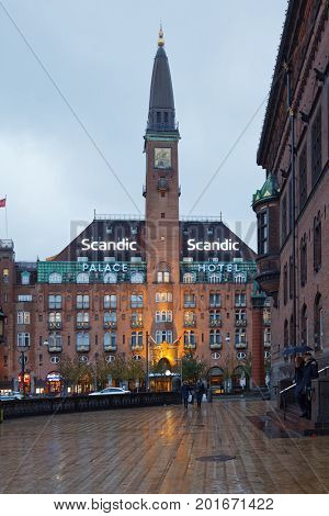 COPENHAGEN, DENMARK - NOVEMBER 5, 2016: Building of Scandic Palace Hotel on  City Hall square. This 100-year-old hotel offers exclusive design, luxurious surroundings and spacious rooms on every floor