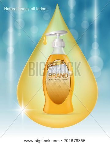 Ads Natural honey oil lotion. Blue and gold background template...water drop color gold. Design oil lotion product advertising blur and bokeh background...Vector realistic file.