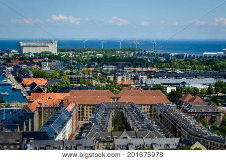 Aerial view of Copenhagen Denmark on a cloudy day
