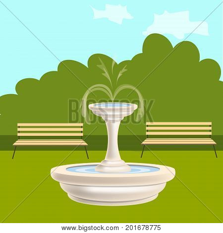 Fountain with benches in the park. Vector illustration