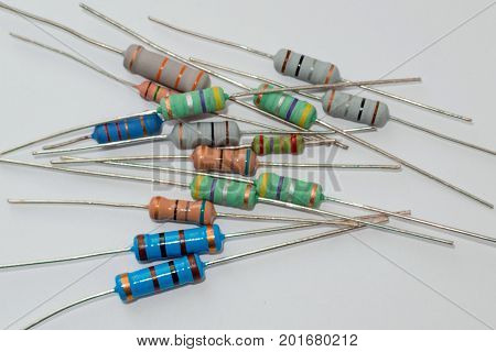 Many multi-colored resistors with different resistance nominal
