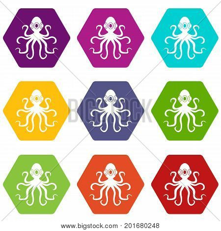 Octopus icon set many color hexahedron isolated on white vector illustration