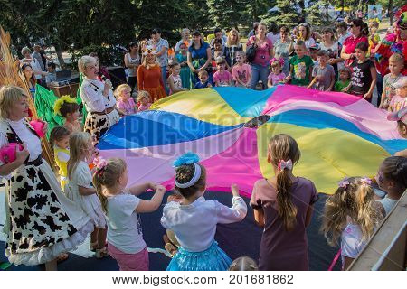 Makeevka Ukraine - August 26 2017: Children participate in the evening contest in the city center at the celebration of the city's day
