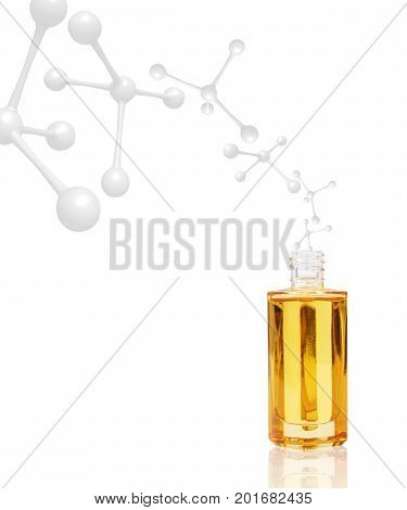 Anti-aging cosmetics oil with white molecules. Over white background.