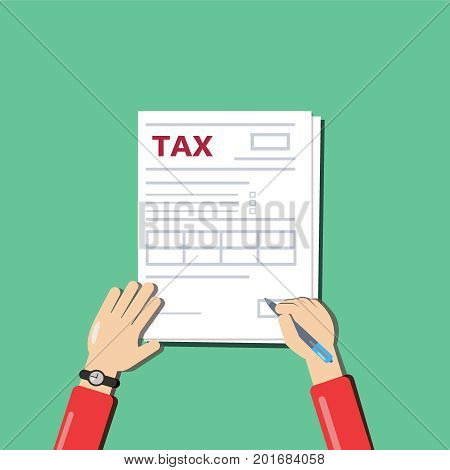 Man filling documents. Men's hands hold the pen and fill tax form. Top view. Modern flat design on the green background . Vector Illustration