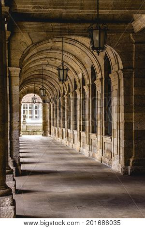 Ancient corridor in front of the Santiago's Cathedral Spain.