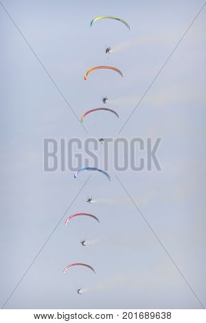 Radom, Poland - August 26, 2017 :the Flying Dragons Aerobatic Group Of Paramotor Flying In The Air S