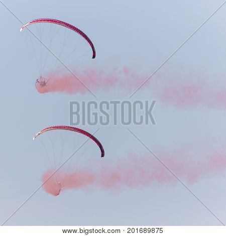 Radom, Poland - August 26, 2017 :the Flying Dragons Aerobatic Group Of Paramotor Flying In The Air S