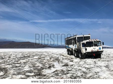 Husafell Iceland August 22 2017: Specialty vehicle for driving on the snow stands on the surface of Langjokull glacier. This is a part of 