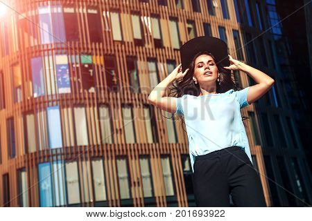 Beautiful Girl Near The Business Center. Pretty Young Sexy Street Fashion Sensual Woman Posing Outsi