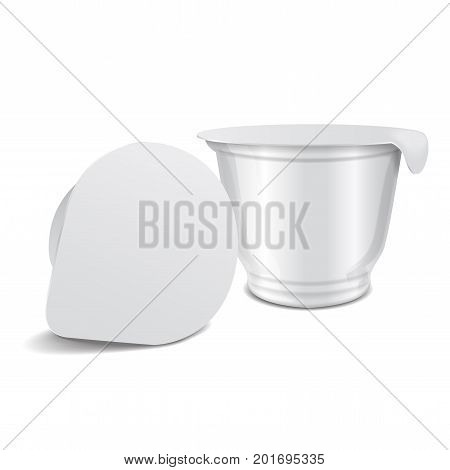 Vector round white glossy plastic pot with foil cover for dairy products yogurt, cream, dessert or jam. Vector realistic packaging mockup template for your design