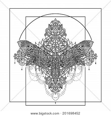Night butterfly adult coloring book. Vector illustration. Anti-stress coloring. Zentangle style. Black and white sketch. Vector illustration. Asian pattern