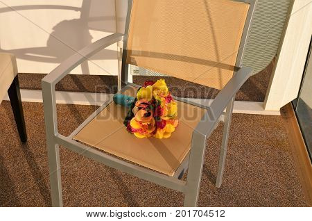 Bouquet of the bride hours before the wedding on caribbean beach