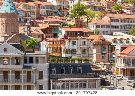 TBILISI GEORGIA - May 01 2017. Old part of town with cafe little restaurants cobbled pavement and antique buildings.