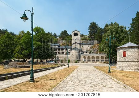 MONTENEGRO, CETINJE - 10 AUGUST, 2017: View of the Cetinan Orthodox Monastery of the Nativity of the Blessed Virgin founded in 1484 by Ivan Chernovich landmark