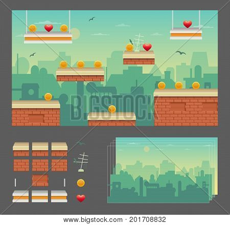 Platformer game design set, urban cityscape rooftops, seamless layered parallax effect ready background, platforms for jumping, bonus items and decoration.