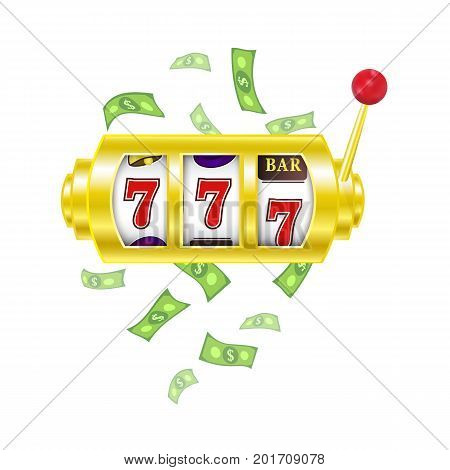 vector flat cartoon gambling lucky triple seven Jackpot, golden slot mashine with dollar rain around. Isolated illustration on a white background. Sign of profit easy money. bingo casino design poster