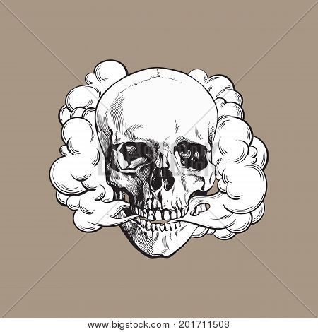Smoke coming out of fleshless skull, death, mortal habit concept, black and white sketch style vector illustration isolated on color background.