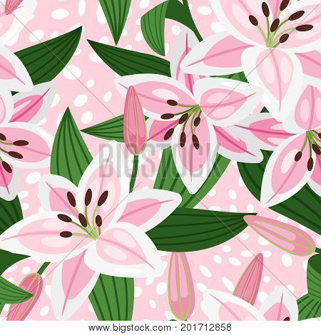 Pink lily with leaves floral pattern. Vector illustration