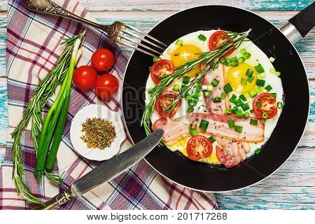 Traditional Breakfast In Rural Style On Wooden Table