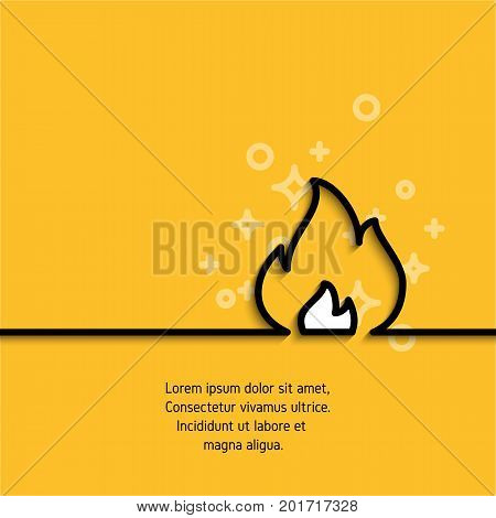 Fire icon drawing in linear style on yellow background with sample text. Banner witn flame silhouette. Sticker sign for your design needs
