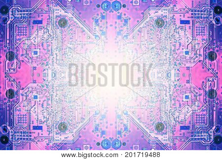 Purpe circuit board of a modern computer IT component with whiteflare artificial intelligence