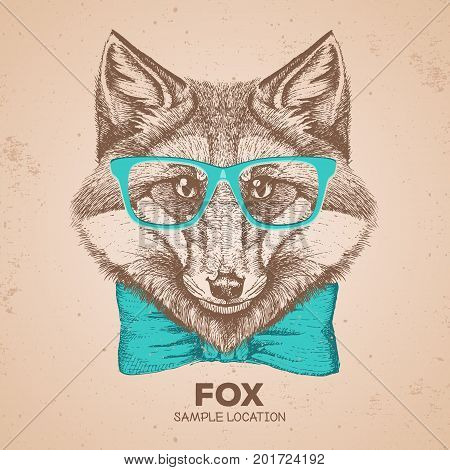 Hipster Animal Fox. Hand Drawing Muzzle Of Animal  Fox