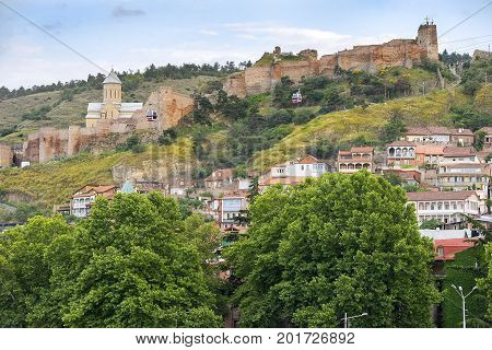 view of the Narikala, ancient fortress and old city in Tbilisi, capital of Georgia