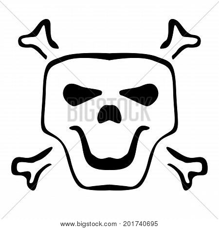 Dark human skull sketch with spooky smile. Black Icon flat on white background. Vector Simple cartoon skull and crossbones icon. Halloween design element or classic 
