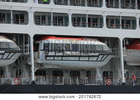 Velsen The Netherlands - June 20th 2017: Azamara Journey - Azamara Club Cruises on North Sea Channel detail of lifeboats