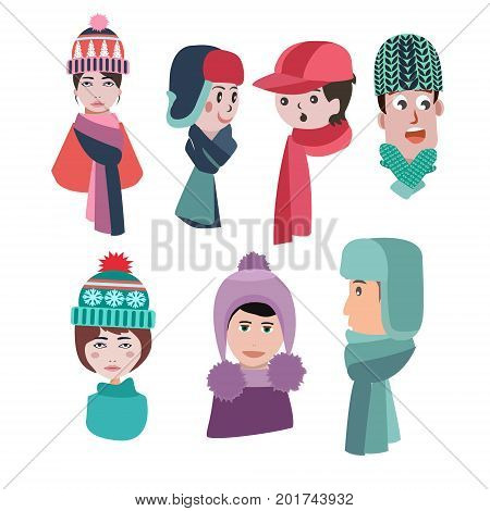Vector collection of knitted woolen Hat and mittens. Set of hats for winter season man and woman hats and scarves