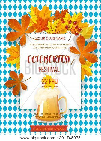 Autumn leaves on background pattern of blue diamonds. Traditional fall Oktoberfest background. National German autumn beer festival design.Cartoon flat style vector illustration