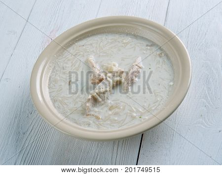 Greek lemon Chicken Soup , close up homemade meal
