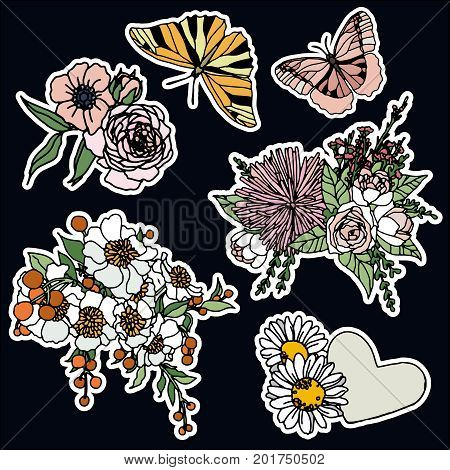 Set of roses and butterfly patches elements. Set of stickers, pins, patches and handwritten notes collection in cartoon 80s-90s comic style.Vector stikers kit