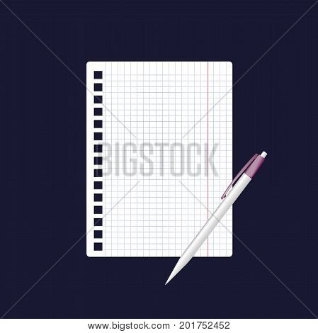 A vector icon of an empty sheet of paper in a cage and a pen. 3d realistic image for business education study on dark blue background.
