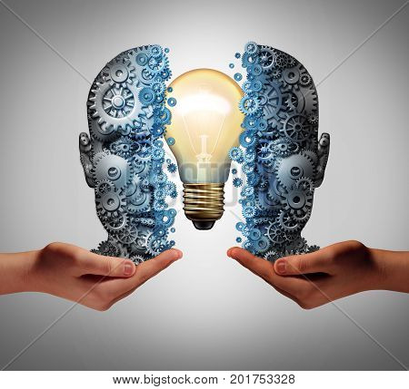 Artificial intelligence education and interactive machine learning solution concept as a head made of gears and cog wheels with a light bulb inside being held by human hands as a technology business success with 3D illustration elements.