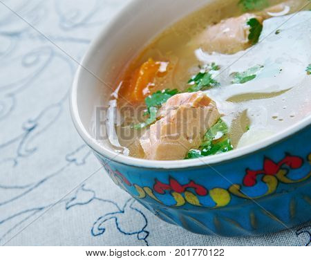 balik shurpa - Uzbek fish soup. close up meal