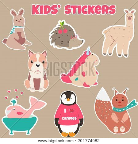 Collection of cute kids stickers with different animals