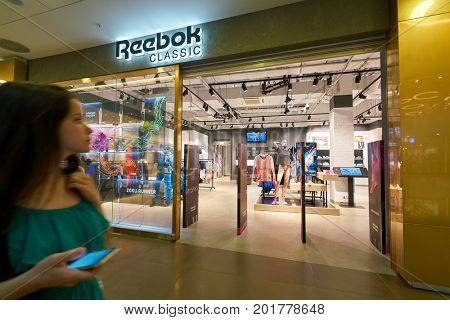 SAINT PETERSBURG, RUSSIA - CIRCA AUGUST, 2017: Reebok Classic store at Galeria shopping center. Reebok Classic is a lifestyle shoe brand that consists of athletic shoes that became popular casual wear