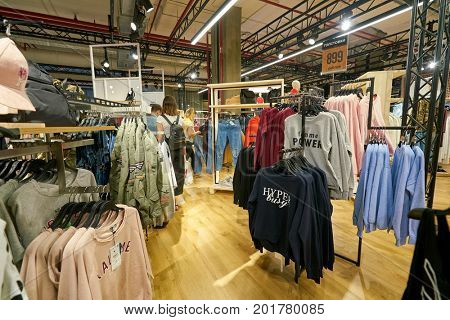 SAINT PETERSBURG, RUSSIA - CIRCA AUGUST, 2017: Bershka store at Galeria shopping center. Bershka is a retailer and part of the Spanish Inditex group