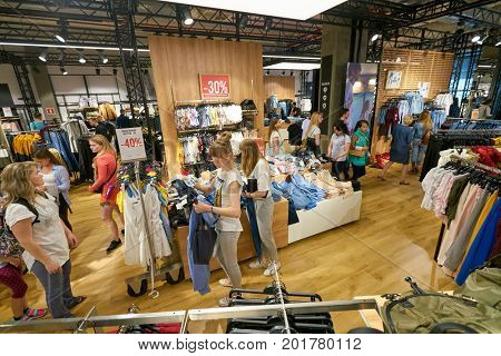SAINT PETERSBURG, RUSSIA - CIRCA AUGUST, 2017: Bershka store at Galeria shopping center. Bershka is a retailer and part of the Spanish Inditex group