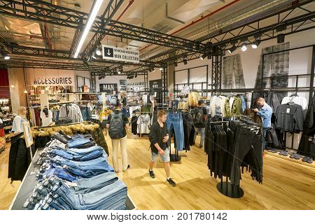 SAINT PETERSBURG, RUSSIA - CIRCA AUGUST, 2017: Bershka store at Galeria shopping center. Bershka is a retailer and part of the Spanish Inditex group
