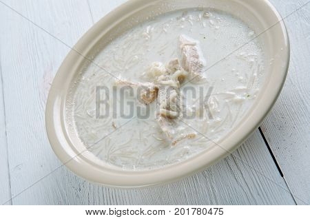 Greek lemon Chicken Soup  close up   homemade  healthy, meal