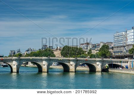Paris France - August 13 2016: The Pont Neuf is now the oldest bridge in Paris and it was completed by Henry IV.