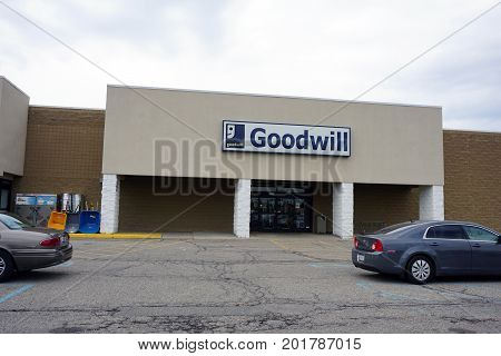 CADILLAC, MICHIGAN / UNITED STATES - JUNE 22, 2017: One may donate or buy used clothing and other merchandise at the Goodwill store, in the Village at Wexford shopping center.