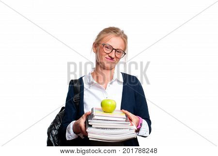 Young student girl holding books high school or college graduand standing isolated on white background. Back to school