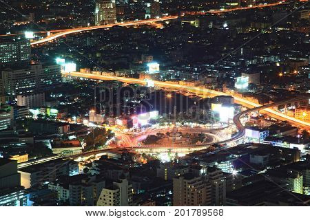 aerial view of Bangkok Center at Victory monument cityscape at Night, Thailand