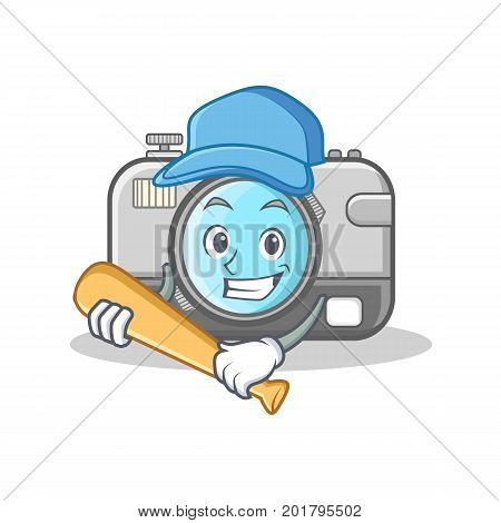 Playing baseball photo camera character cartoon vector illustration